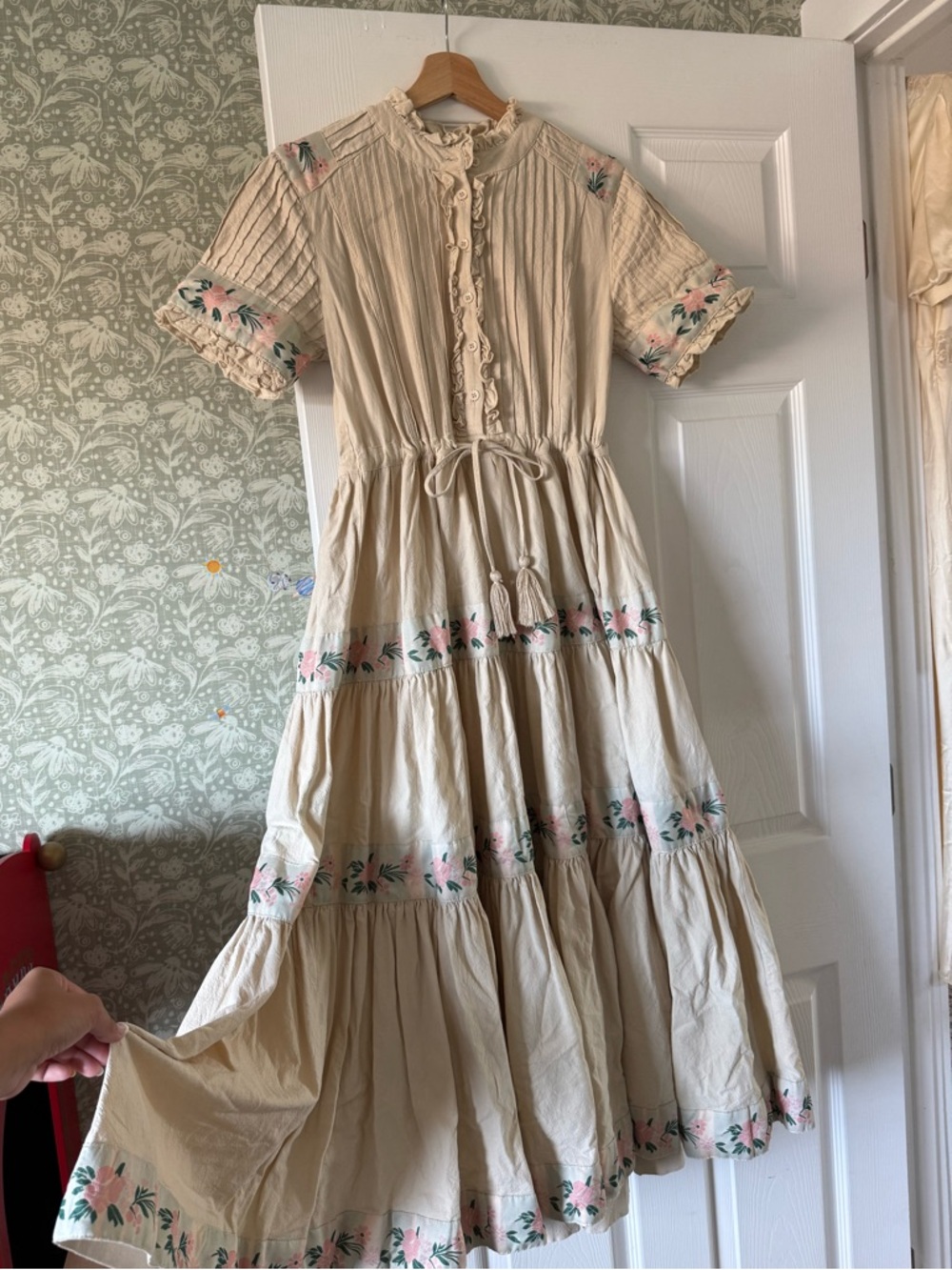Ivy City Co Cream Maxi Dress with Pink Floral Embroidery